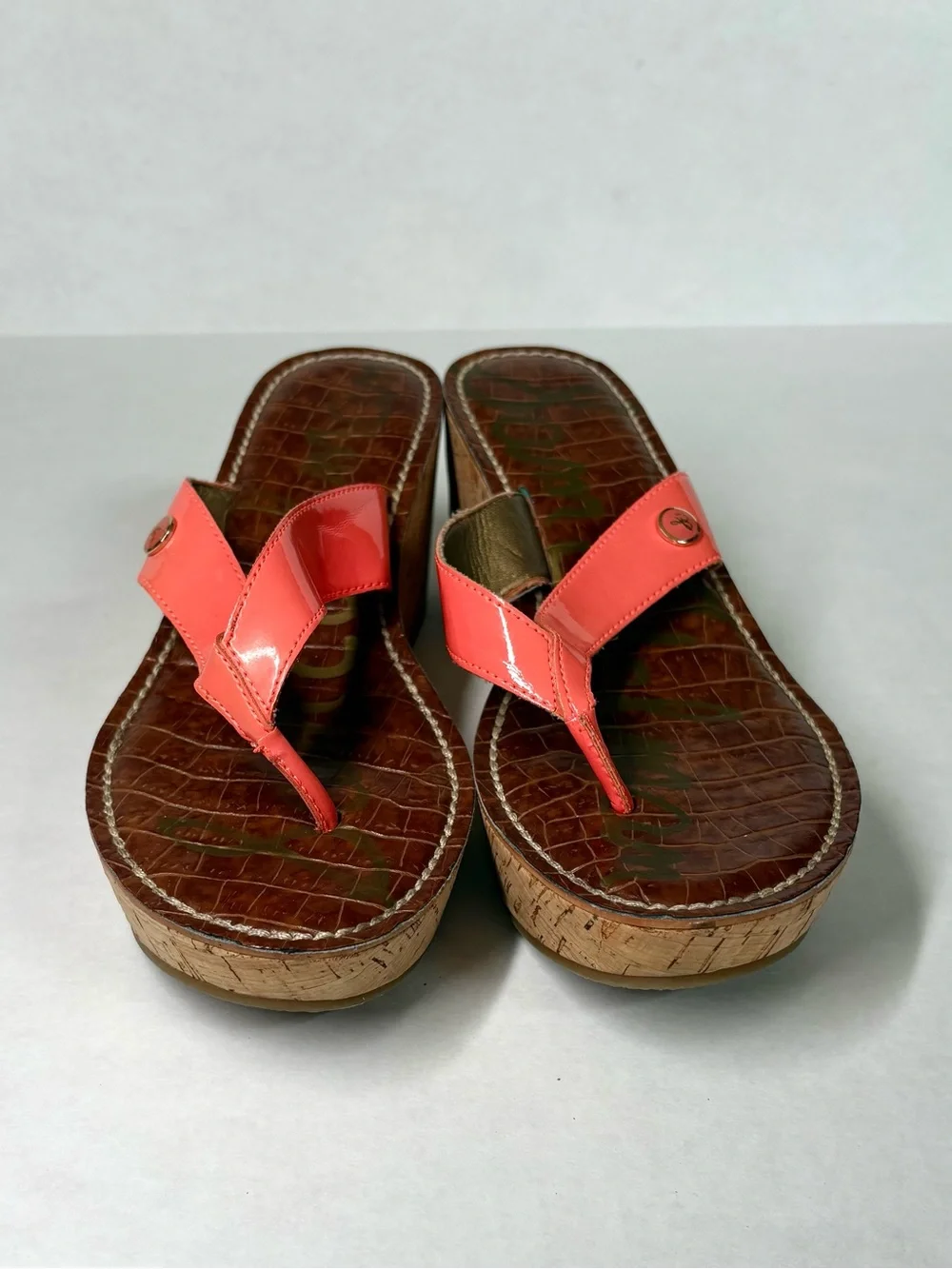 Sam Edelman Romy Croc Print Cork Wedge Thong Sandal US 7.5 Coral